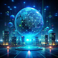 Wall Mural - global network connection with road and city at night, abstract technology background