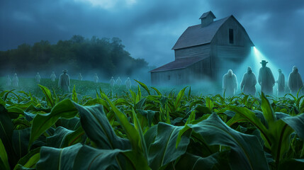 Wall Mural - a surreal Halloween farm with scarecrow farmers, ghostly crops, and a haunted barn emitting an eerie glow 