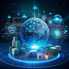 Wall Mural - global network connection with road and city at night, abstract technology background