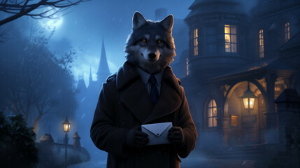 Wall Mural - a werewolf mailman delivering glowing, haunted letters in a spooky, mist-covered village at night 