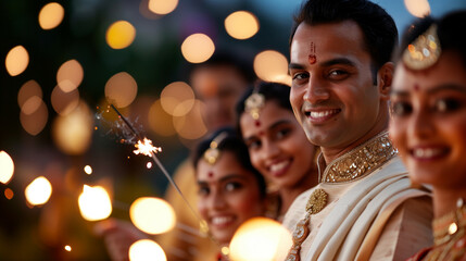 Poster - a wide-angle shot of a family in traditional clothing, celebrating Diwali with sparklers and lanterns in a festive outdoor setting 