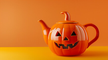 Sticker - closeup of a electric tea pot shaped like a Halloween pumpkin, orange with a carved face, isolated on a gradient background 