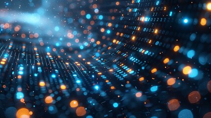 Blue digital data network banner features IT and coding abstractly.