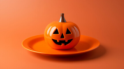 Canvas Print - closeup of a plate shaped like a Halloween pumpkin, orange with a carved face, isolated on a gradient background 