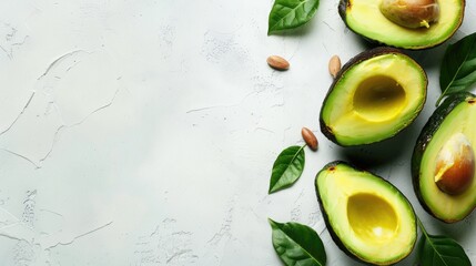 Wall Mural - Avocado on white background high in vitamins with space for text Promoting health