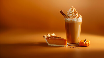 Sticker - Warm pumpkin spice beverage garnished with cinnamon beside a slice of decadent pumpkin pie isolated on a gradient autumn-hued background 