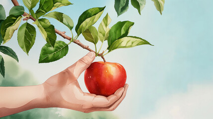 Wall Mural - Workers hand gently picks a ripe red apple from a tree against an early fall clear blue September sky leaving ample room for text watercolor 