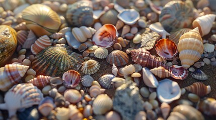 Sticker - as the waves meet the shore, clusters of tiny seashells and colorful stones emerge, forming a mesmerizing mosaic of textures and hues, waiting to be explored from above..