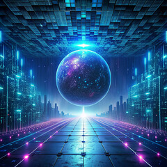 Wall Mural - abstract futuristic background with neon lights and planet earth 3d rendering futuristic cyberspace 