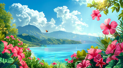 Wall Mural - beautiful landscape of mountain  sea  and blue sky vector art and cartoon