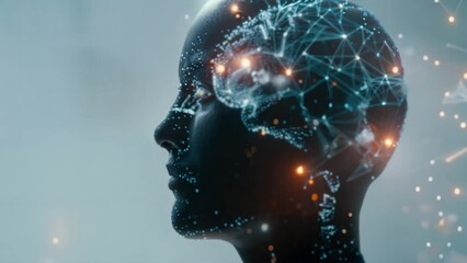Glowing human brain and polygon with particles, concept idea and innovation.