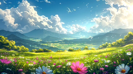 Wall Mural - beautiful landscape of mountain  sea  and blue sky vector art and cartoon