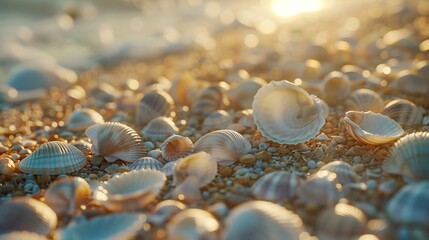 Wall Mural - the delicate details of tiny seashells lining the beach, a testament to the enduring beauty of nature's craftsmanship, captured in close-up shots.