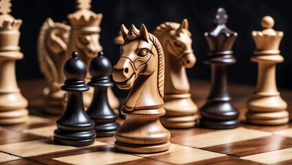 Poster - International chess day, a wooden knight chess piece on a chessboard with other chess pieces blurred in the background. The board features alternating dark and light squares with a glossy finish