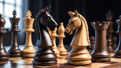 Poster - International chess day, a wooden knight chess piece on a chessboard with other chess pieces blurred in the background. The board features alternating dark and light squares with a glossy finish