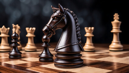 Poster - International chess day, a wooden knight chess piece on a chessboard with other chess pieces blurred in the background. The board features alternating dark and light squares with a glossy finish