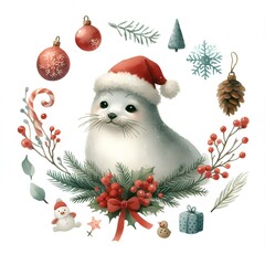 Wall Mural - Watercolor painting of seal christmas theme on​ white background