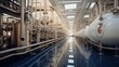 © Ai-Pixel - Modern brewery interior with stainless steel fermentation tanks and piping system reflecting on a polished floor.