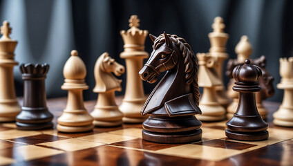 Poster - International chess day, a wooden knight chess piece on a chessboard with other chess pieces blurred in the background. The board features alternating dark and light squares with a glossy finish