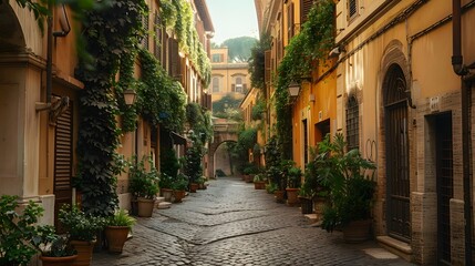  A charming cobblestone lane in the heart of Rome, Italy, framed by pastel-colored facades and cascading ivy. The architecture reflects the quintessential Italian style.
