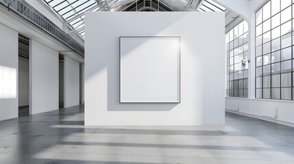 Wall Mural - A large blank white square frame hung on the wall of an empty warehouse with skylights, creating a bright and airy atmosphere.