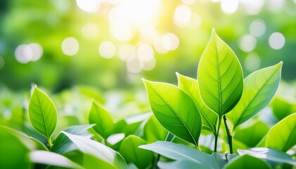 Wall Mural - Nature Banner: Green Leaves, Blurred Light, and Spring Bokeh