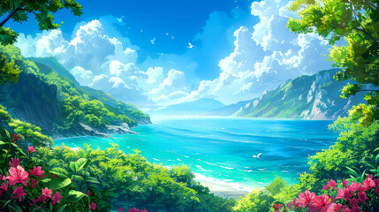 Wall Mural - beautiful landscape of mountain  sea  and blue sky vector art and cartoon