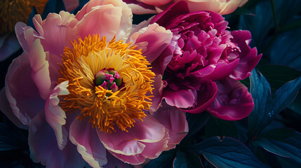 Wall Mural - magenta and golden peony garden flowers close up