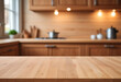 © Chaudhry - Wooden table on blurred kitchen bench background. Empty wooden table and blurred kitchen background generative ai
