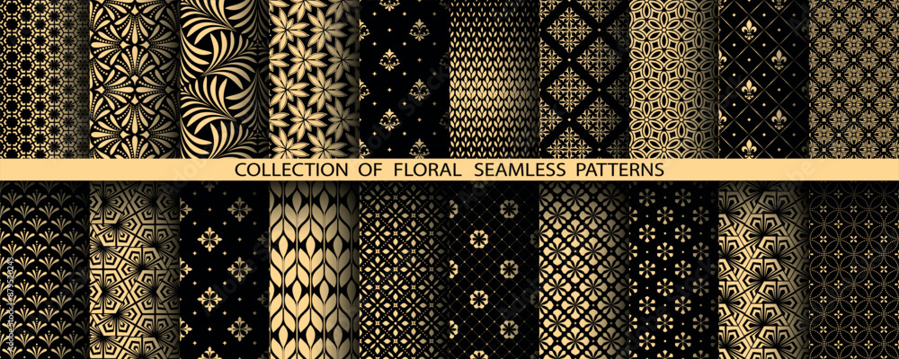 Geometric floral set of seamless patterns. Golden and black vector ...