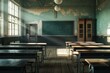 © ylivdesign - Sunbeams illuminating empty desks in abandoned school classroom