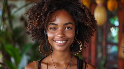 Radio influencer wearing headphones in the morning recording a radio broadcast for social media or online website live streaming channel of a woman speaker sharing information with listeners.