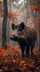 A solitary wild boar stands in a misty autumn forest surrounded by colorful foliage and tall trees, capturing a peaceful and rustic atmosphere.