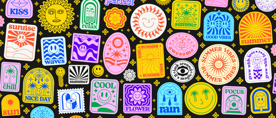 Poster - Cool Summer Stickers Pop Art Collage. Set Of Y2k Trendy Patches. Groovy Design Elements Vector Illustration. Cute Bacground Pattern.