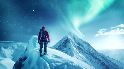 Sticker - Adventurous climber trekking a snowy mountain ridge under the aurora borealis