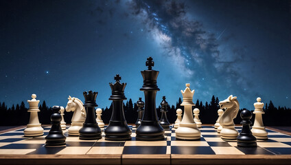 Poster - International chess day, chess pieces on a board in front of a starry night sky background