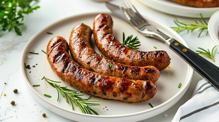 Wall Mural - grilled sausages on a plate with herbs.