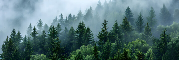 Wall Mural - panorama distant forest green douglas fir trees pnw fading fog grey background