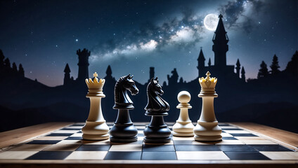 Poster - International chess day, chess pieces on a board in front of a starry night sky background