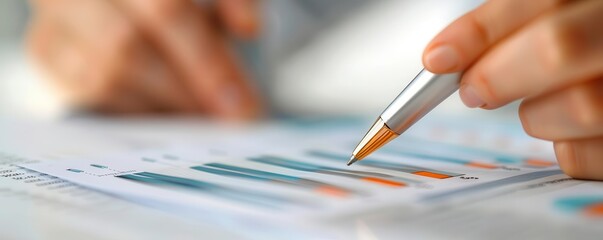 Close-up of a hand pointing at a graph on a paper with a pen.