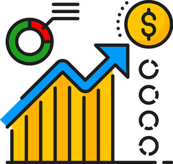 Aufkleber - Finance statistic line color icon, financial analysis, accounting, tax revenue and budget. Vector bar graph, pie chart, upward trend arrow, dollar sign symbolizing growth, analytics, or financial data