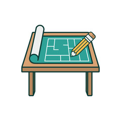 Canvas Print - Illustration Doodle of a drafting table with floor plan and pencil