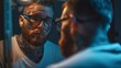 © Emiliia - A tattooed man with glasses and a beard looks into a mirror. The blue light from behind him casts a shadow on his face.