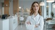 © inthasone - Beautician in the cosmetology office. A woman in a white medical uniform stands with her arms crossed. Cosmetologist doctor dermatologist in a beauty clinic. Facial skin treatment. beauty treatment.