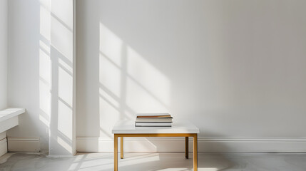 Canvas Print - a small white coffee table, gold trim, books on the table, smooth white walls