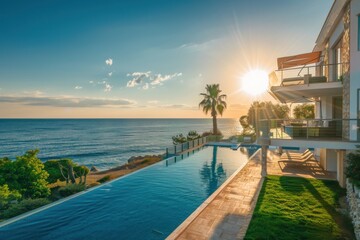 A majestic villa on the beachfront featuring a large pool and outdoor seating, illuminated by the golden hues of the sunset, offering a perfect relaxation space.