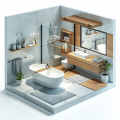 Isometric view of modern bathroom interior design with contemporary fixtures