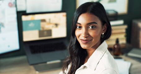 Poster - Woman, confident and startup of business, laptop and smile for story, journalist and computer on desk. Office, portrait and reporter with ambition and proud of news, working and process of agency