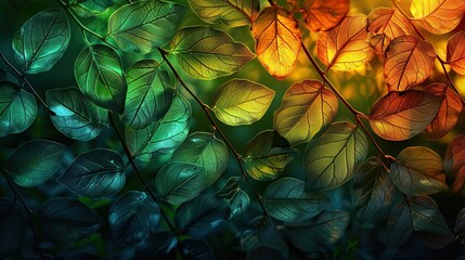 Wall Mural - Beautiful stained glass artwork of leaves featuring a blend of warm orange and cool green tones, showcasing intricate details and textures.
