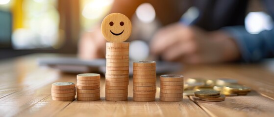 Stacked coins with smiley face on wooden surface, blurred background with person using tablet, representing financial growth and happiness.